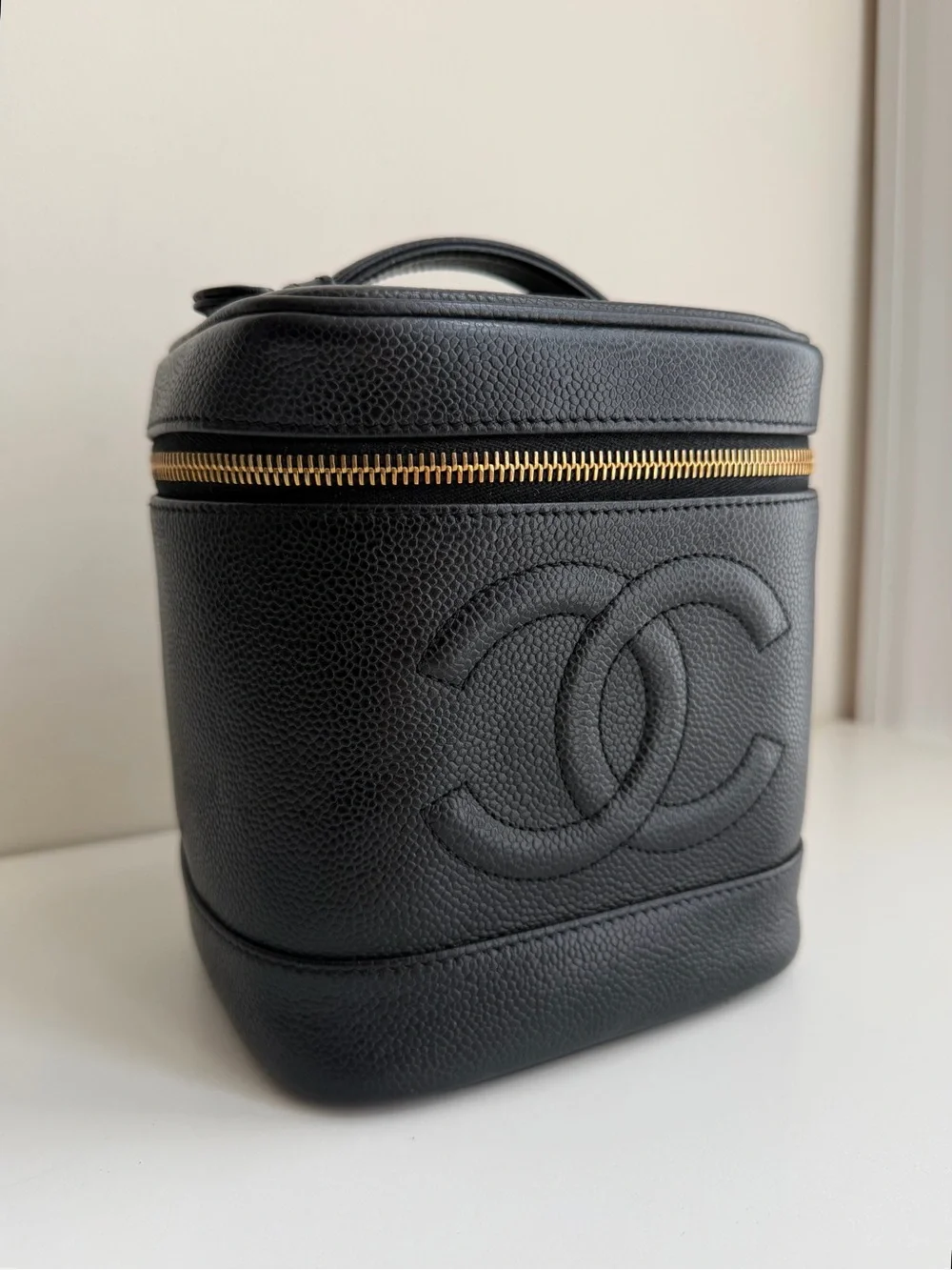 CHANEL Black Caviar Leather Vanity Case with Gold Hardware